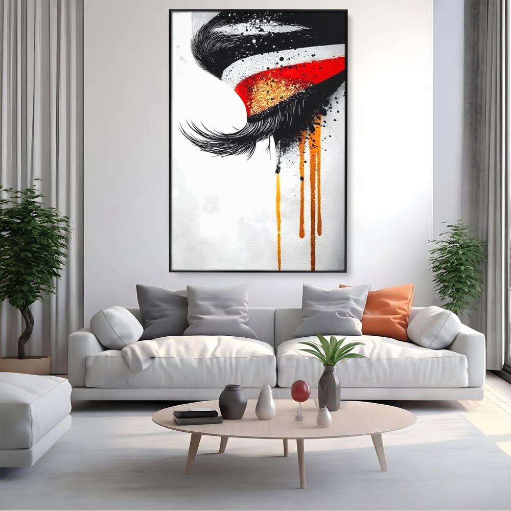 Tablou Canvas Premium, LuxCanva® G1180, Privirea care Curge, Ochi, Gene, Lacrimi, Tacere, Durere, Emotie, Drama, Rosu, Galben, Negru, Stropi, Suferinta, Birou, Living, Dormitor
