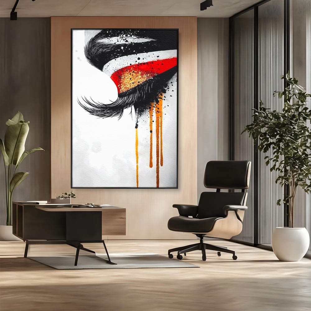 Tablou Canvas Premium, LuxCanva® G1180, Privirea care Curge, Ochi, Gene, Lacrimi, Tacere, Durere, Emotie, Drama, Rosu, Galben, Negru, Stropi, Suferinta, Birou, Living, Dormitor