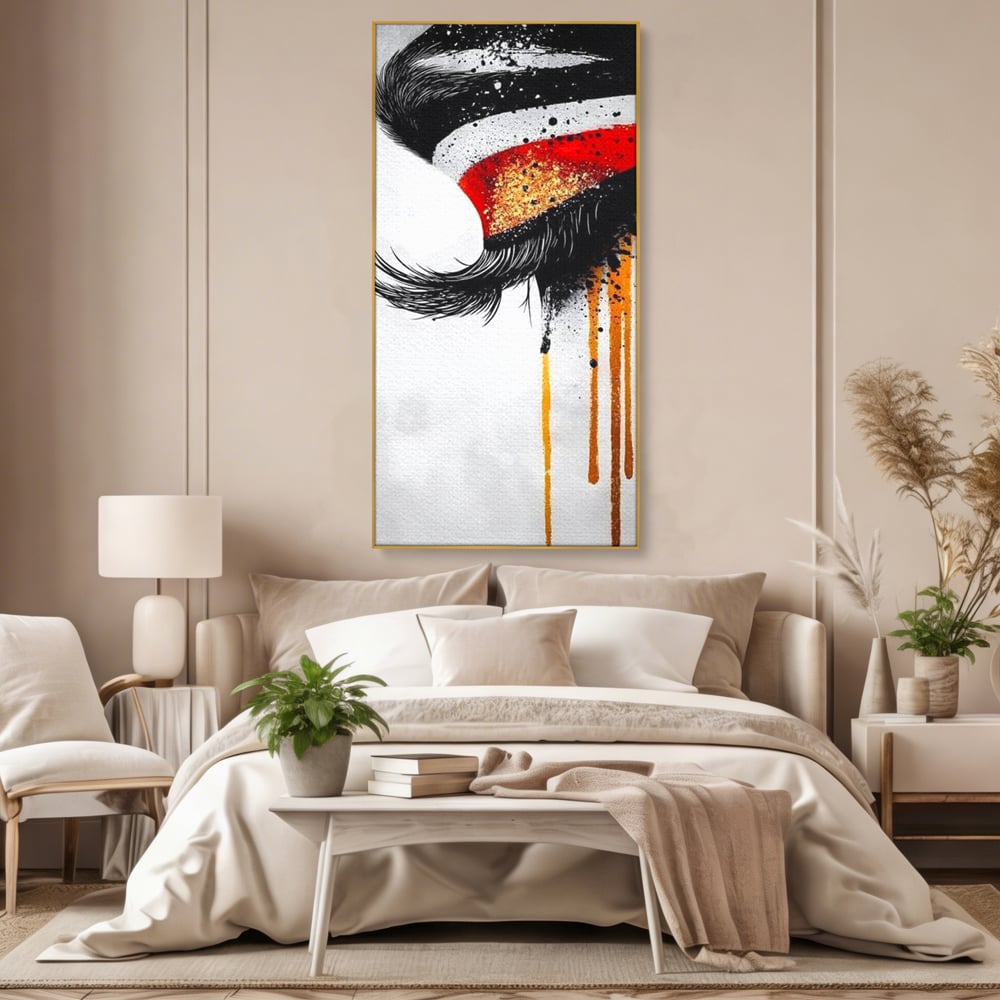 Tablou Canvas Premium, LuxCanva® G1180, Privirea care Curge, Ochi, Gene, Lacrimi, Tacere, Durere, Emotie, Drama, Rosu, Galben, Negru, Stropi, Suferinta, Birou, Living, Dormitor