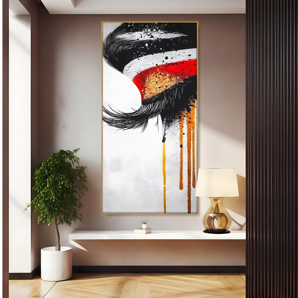 Tablou Canvas Premium, LuxCanva® G1180, Privirea care Curge, Ochi, Gene, Lacrimi, Tacere, Durere, Emotie, Drama, Rosu, Galben, Negru, Stropi, Suferinta, Birou, Living, Dormitor
