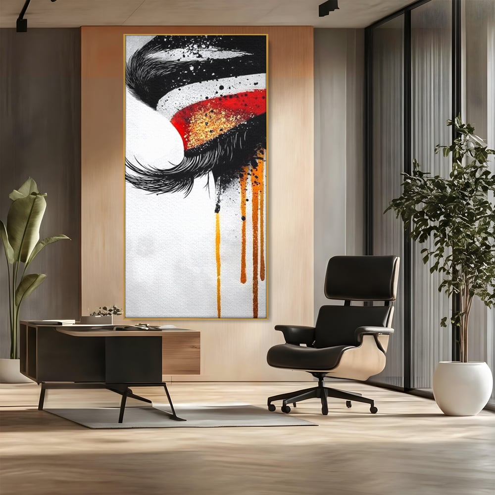 Tablou Canvas Premium, LuxCanva® G1180, Privirea care Curge, Ochi, Gene, Lacrimi, Tacere, Durere, Emotie, Drama, Rosu, Galben, Negru, Stropi, Suferinta, Birou, Living, Dormitor