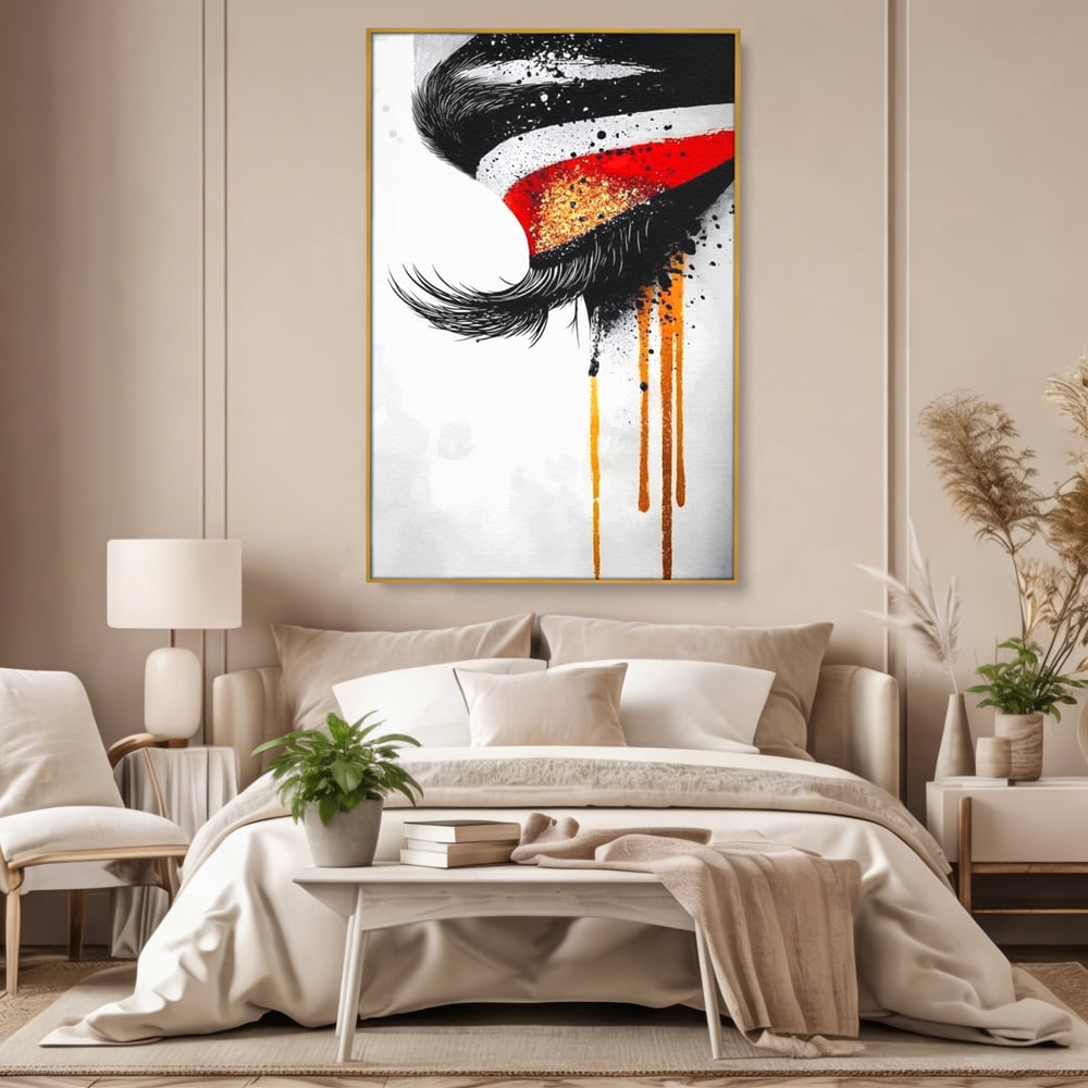 Tablou Canvas Premium, LuxCanva® G1180, Privirea care Curge, Ochi, Gene, Lacrimi, Tacere, Durere, Emotie, Drama, Rosu, Galben, Negru, Stropi, Suferinta, Birou, Living, Dormitor