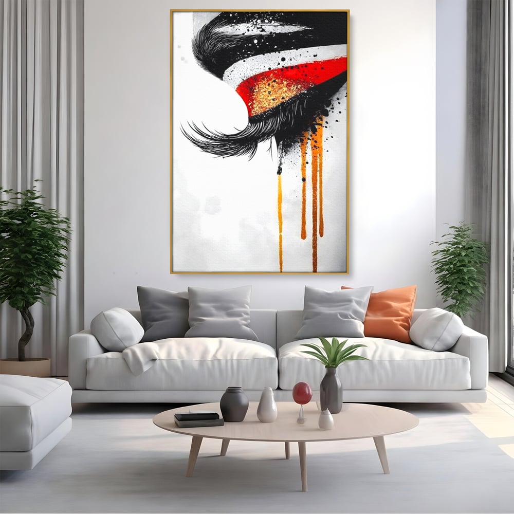 Tablou Canvas Premium, LuxCanva® G1180, Privirea care Curge, Ochi, Gene, Lacrimi, Tacere, Durere, Emotie, Drama, Rosu, Galben, Negru, Stropi, Suferinta, Birou, Living, Dormitor
