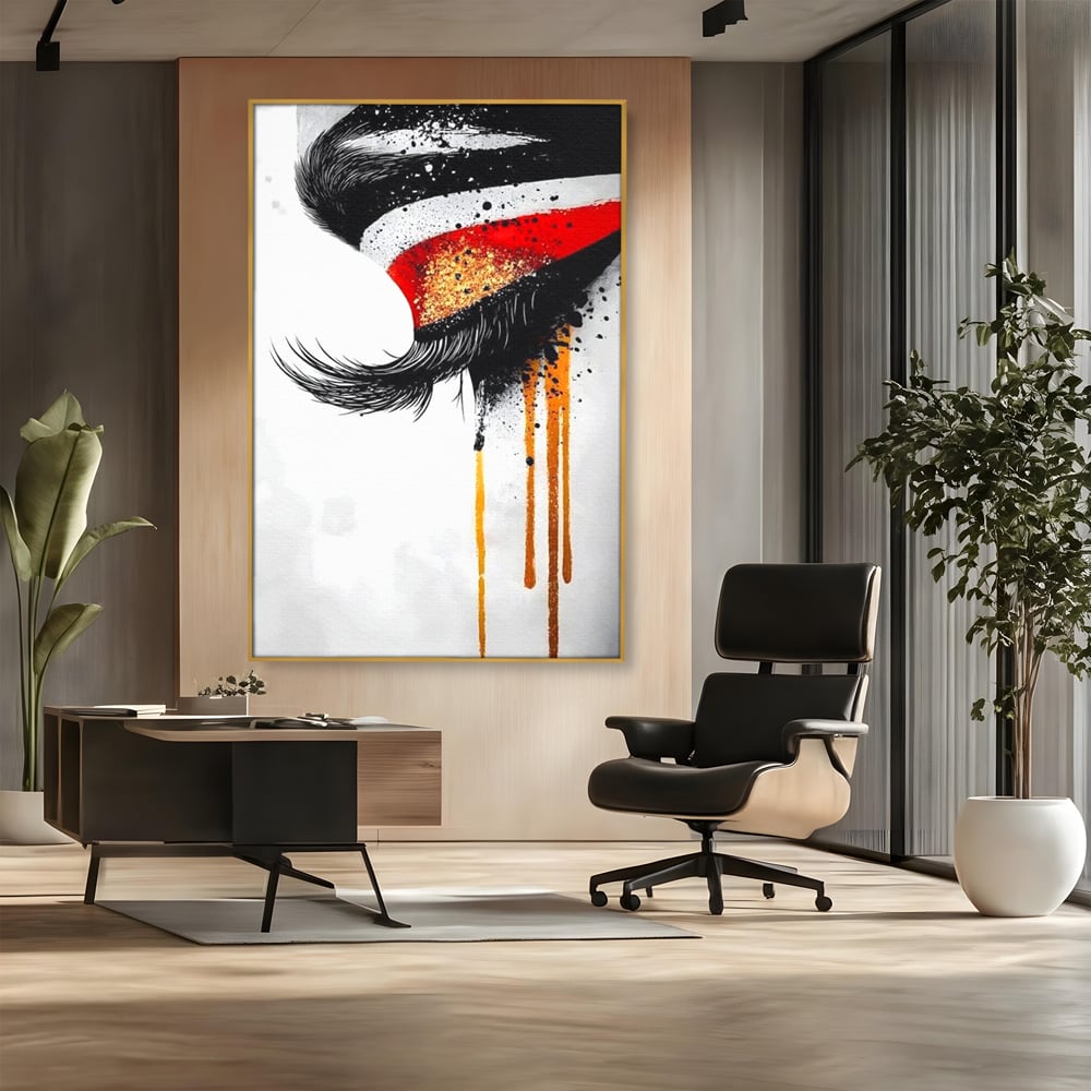 Tablou Canvas Premium, LuxCanva® G1180, Privirea care Curge, Ochi, Gene, Lacrimi, Tacere, Durere, Emotie, Drama, Rosu, Galben, Negru, Stropi, Suferinta, Birou, Living, Dormitor