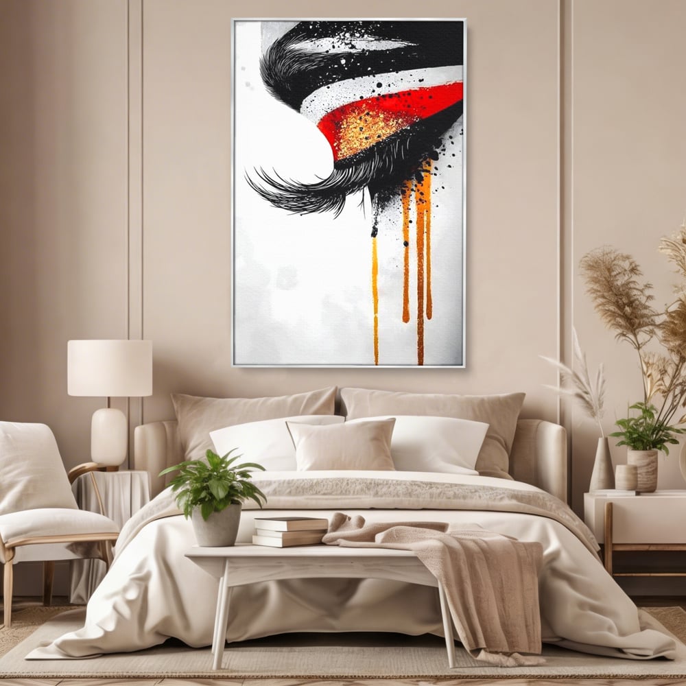 Tablou Canvas Premium, LuxCanva® G1180, Privirea care Curge, Ochi, Gene, Lacrimi, Tacere, Durere, Emotie, Drama, Rosu, Galben, Negru, Stropi, Suferinta, Birou, Living, Dormitor
