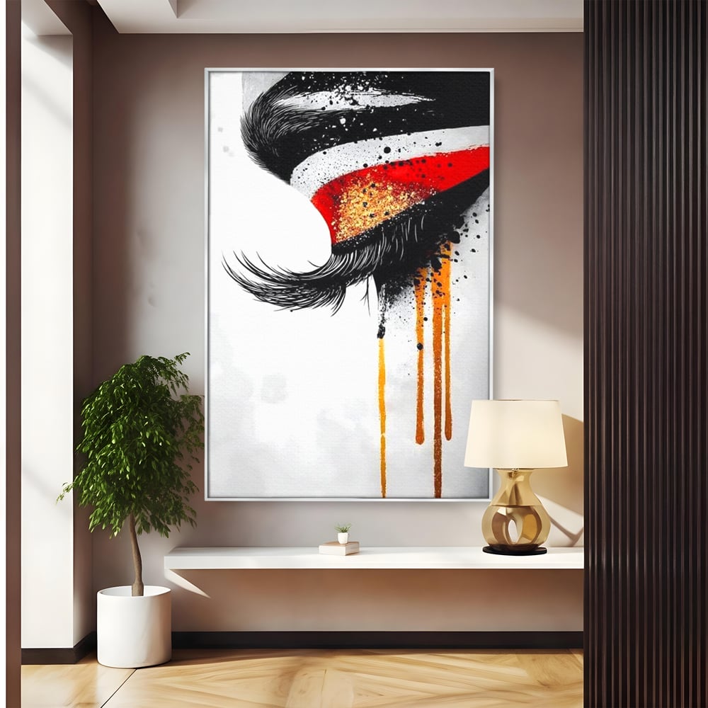 Tablou Canvas Premium, LuxCanva® G1180, Privirea care Curge, Ochi, Gene, Lacrimi, Tacere, Durere, Emotie, Drama, Rosu, Galben, Negru, Stropi, Suferinta, Birou, Living, Dormitor
