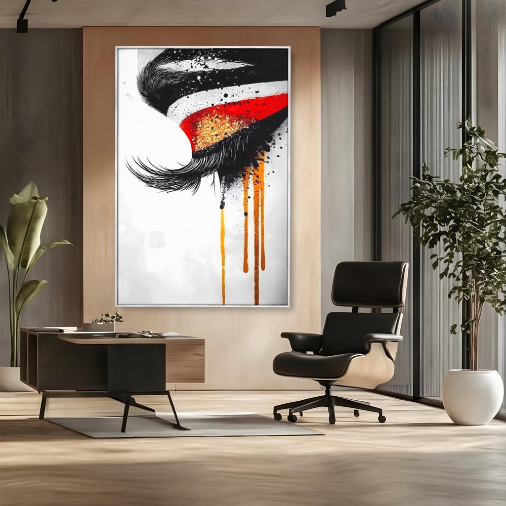 Tablou Canvas Premium, LuxCanva® G1180, Privirea care Curge, Ochi, Gene, Lacrimi, Tacere, Durere, Emotie, Drama, Rosu, Galben, Negru, Stropi, Suferinta, Birou, Living, Dormitor