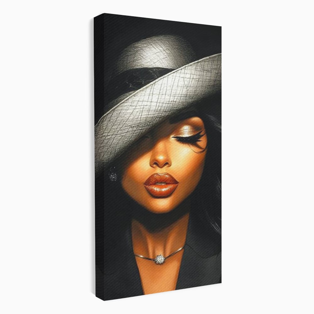 Tablou Canvas Premium, LuxCanva® G1181, Doamna cu Palarie de Argint, Lemn, Eleganta, Glamour, Enigmatica, Noblete, Editorial, Tacere, Arta, Fashion, Sarm, Icon, Chip, Birou, Living, Dormitor