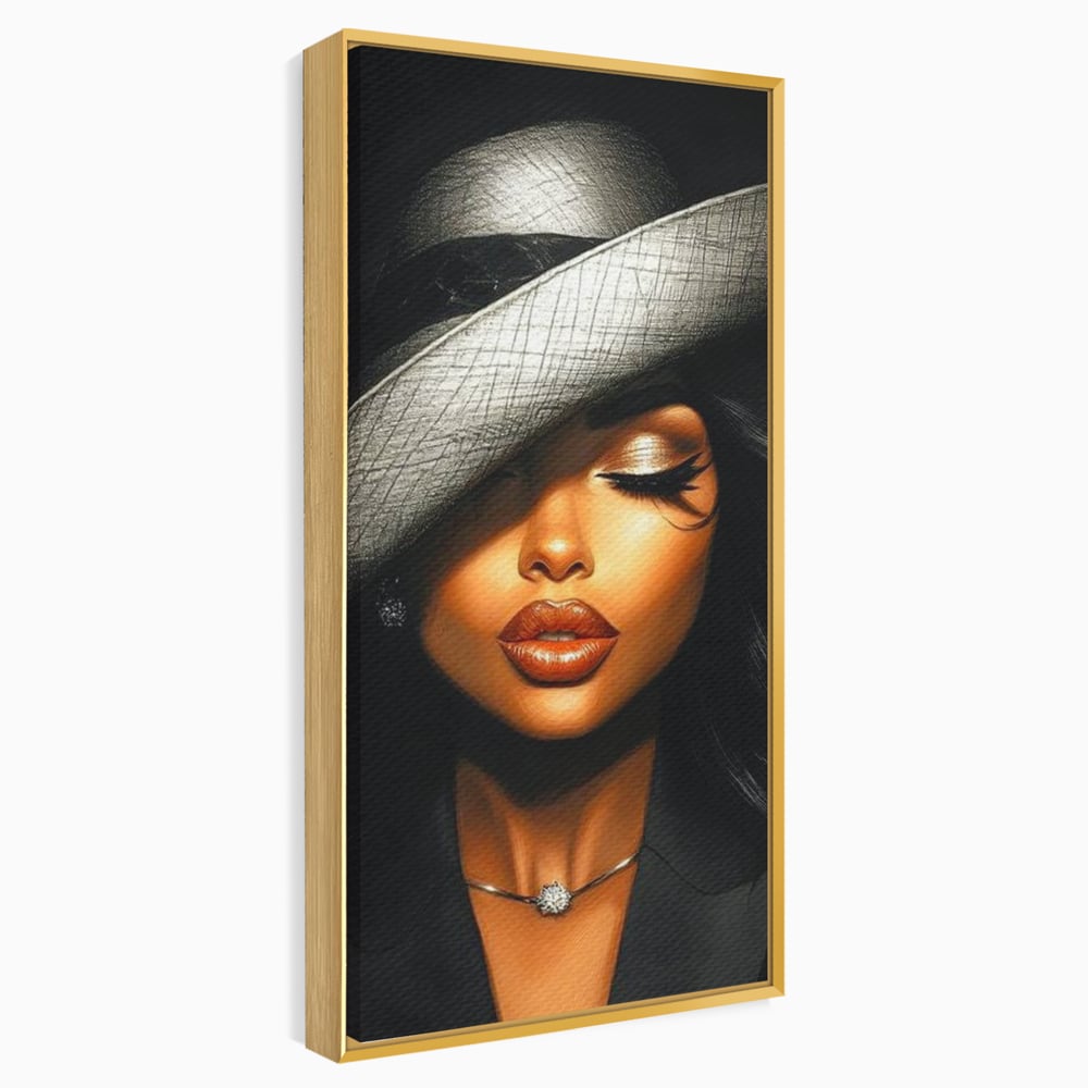 Tablou Canvas Premium, LuxCanva® G1181, Doamna cu Palarie de Argint, Lemn, Eleganta, Glamour, Enigmatica, Noblete, Editorial, Tacere, Arta, Fashion, Sarm, Icon, Chip, Birou, Living, Dormitor