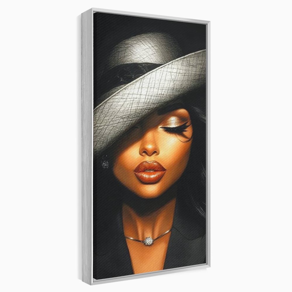 Tablou Canvas Premium, LuxCanva® G1181, Doamna cu Palarie de Argint, Lemn, Eleganta, Glamour, Enigmatica, Noblete, Editorial, Tacere, Arta, Fashion, Sarm, Icon, Chip, Birou, Living, Dormitor