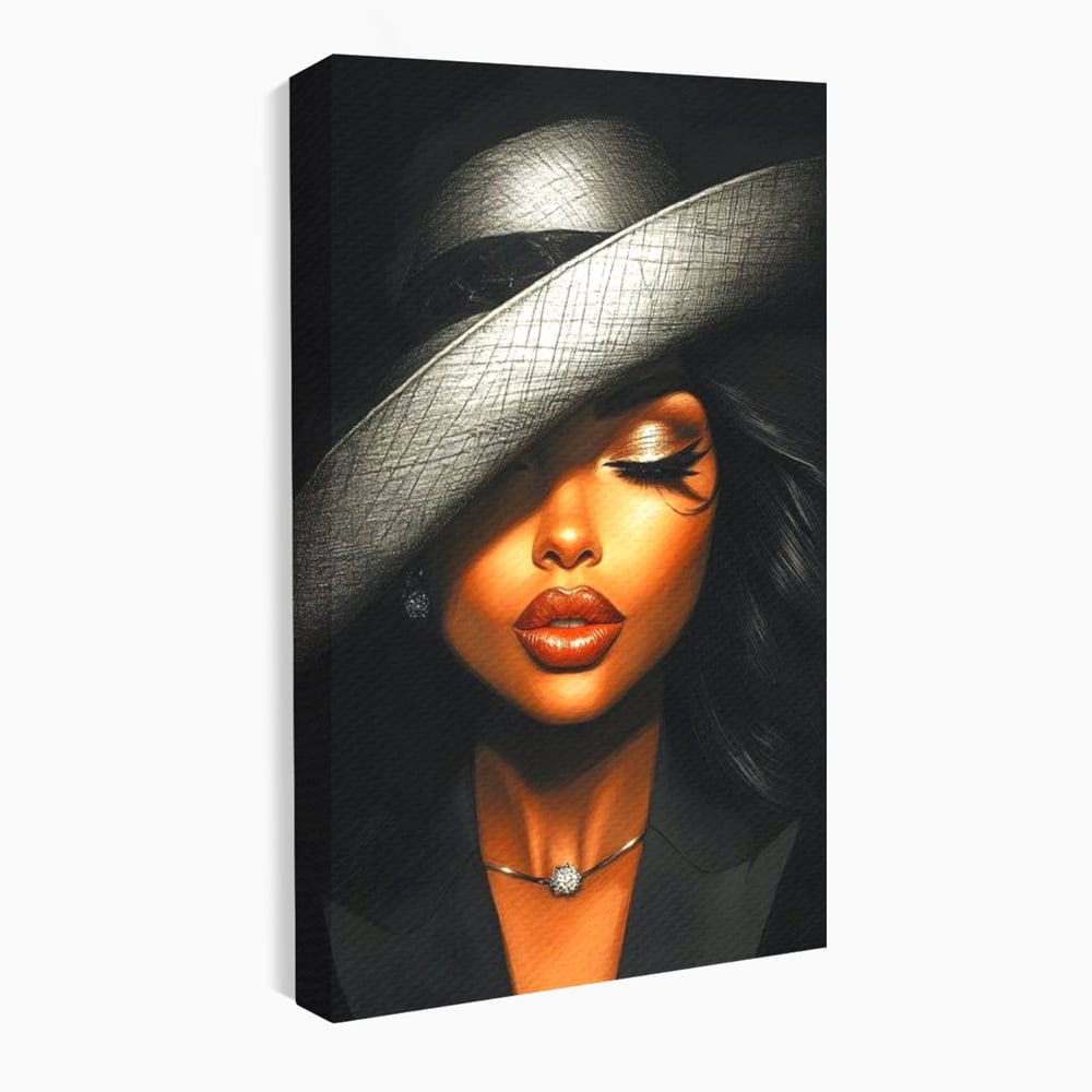 Tablou Canvas Premium, LuxCanva® G1181, Doamna cu Palarie de Argint, Lemn, Eleganta, Glamour, Enigmatica, Noblete, Editorial, Tacere, Arta, Fashion, Sarm, Icon, Chip, Birou, Living, Dormitor