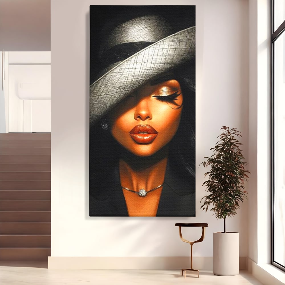 Tablou Canvas Premium, LuxCanva® G1181, Doamna cu Palarie de Argint, Lemn, Eleganta, Glamour, Enigmatica, Noblete, Editorial, Tacere, Arta, Fashion, Sarm, Icon, Chip, Birou, Living, Dormitor