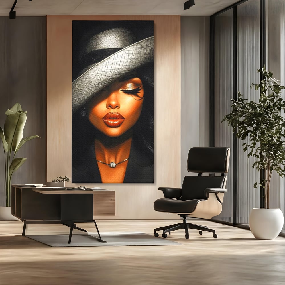 Tablou Canvas Premium, LuxCanva® G1181, Doamna cu Palarie de Argint, Lemn, Eleganta, Glamour, Enigmatica, Noblete, Editorial, Tacere, Arta, Fashion, Sarm, Icon, Chip, Birou, Living, Dormitor