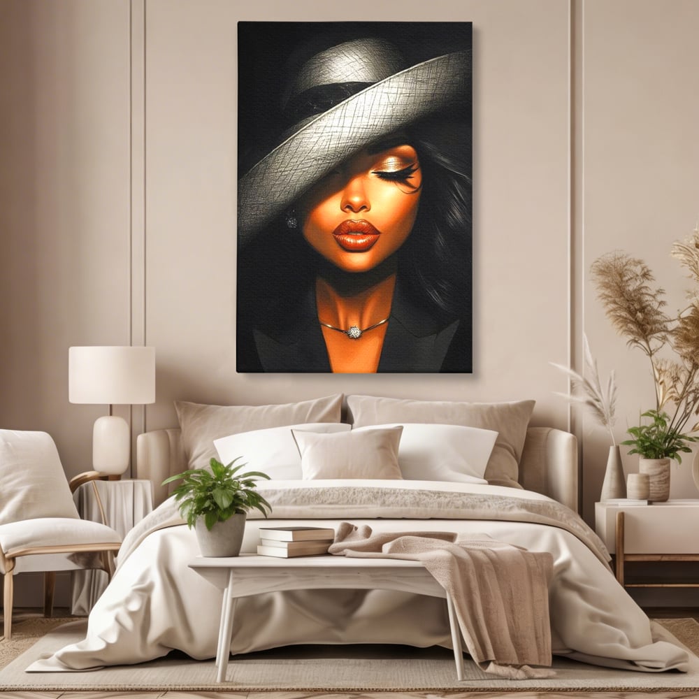 Tablou Canvas Premium, LuxCanva® G1181, Doamna cu Palarie de Argint, Lemn, Eleganta, Glamour, Enigmatica, Noblete, Editorial, Tacere, Arta, Fashion, Sarm, Icon, Chip, Birou, Living, Dormitor