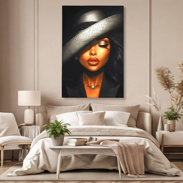 Tablou Canvas Premium, LuxCanva® G1181, Doamna cu Palarie de Argint, Lemn, Eleganta, Glamour, Enigmatica, Noblete, Editorial, Tacere, Arta, Fashion, Sarm, Icon, Chip, Birou, Living, Dormitor