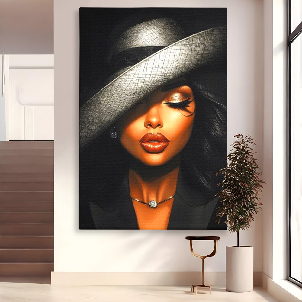 Tablou Canvas Premium, LuxCanva® G1181, Doamna cu Palarie de Argint, Lemn, Eleganta, Glamour, Enigmatica, Noblete, Editorial, Tacere, Arta, Fashion, Sarm, Icon, Chip, Birou, Living, Dormitor