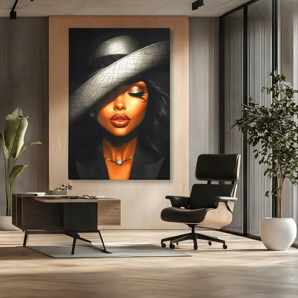Tablou Canvas Premium, LuxCanva® G1181, Doamna cu Palarie de Argint, Lemn, Eleganta, Glamour, Enigmatica, Noblete, Editorial, Tacere, Arta, Fashion, Sarm, Icon, Chip, Birou, Living, Dormitor