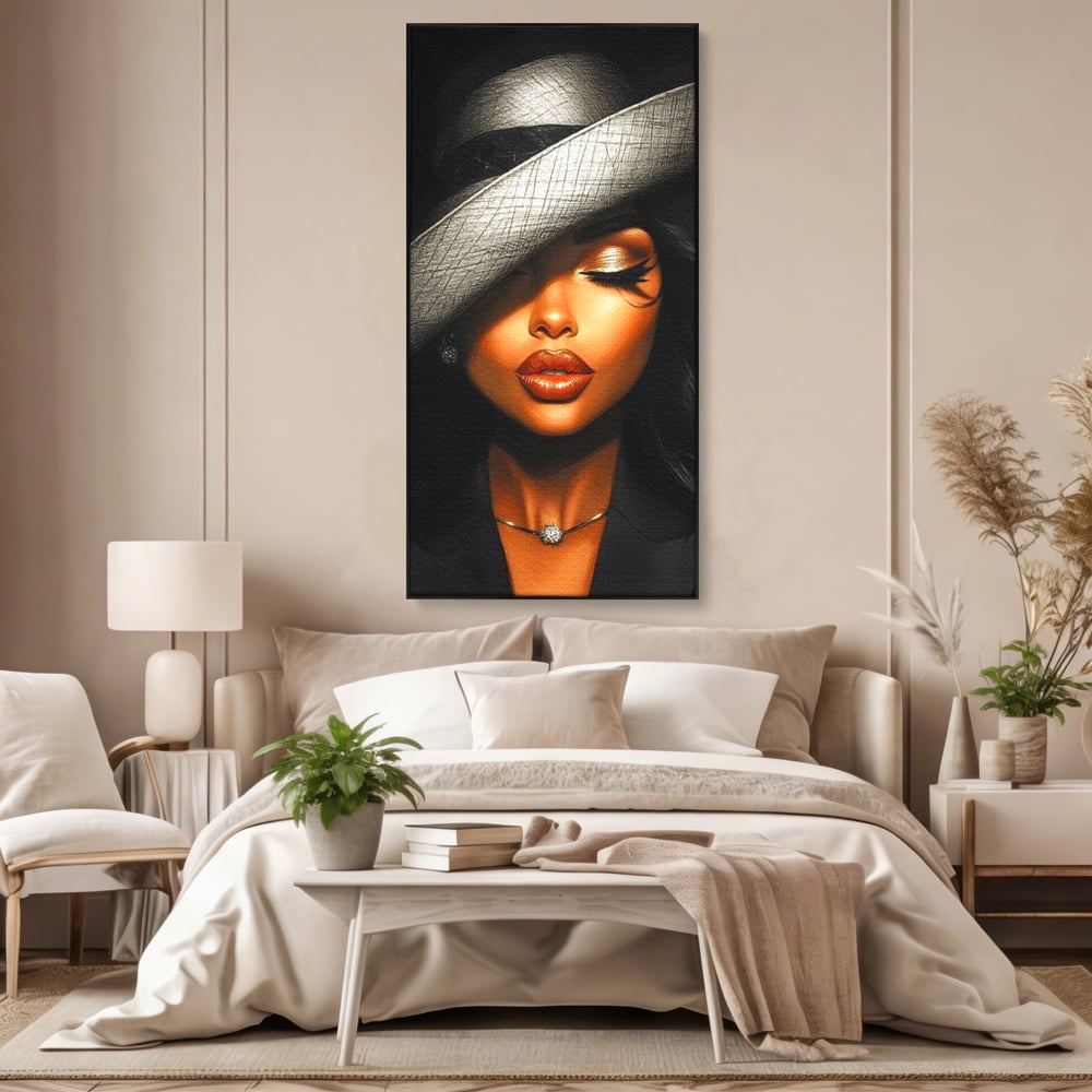 Tablou Canvas Premium, LuxCanva® G1181, Doamna cu Palarie de Argint, Lemn, Eleganta, Glamour, Enigmatica, Noblete, Editorial, Tacere, Arta, Fashion, Sarm, Icon, Chip, Birou, Living, Dormitor