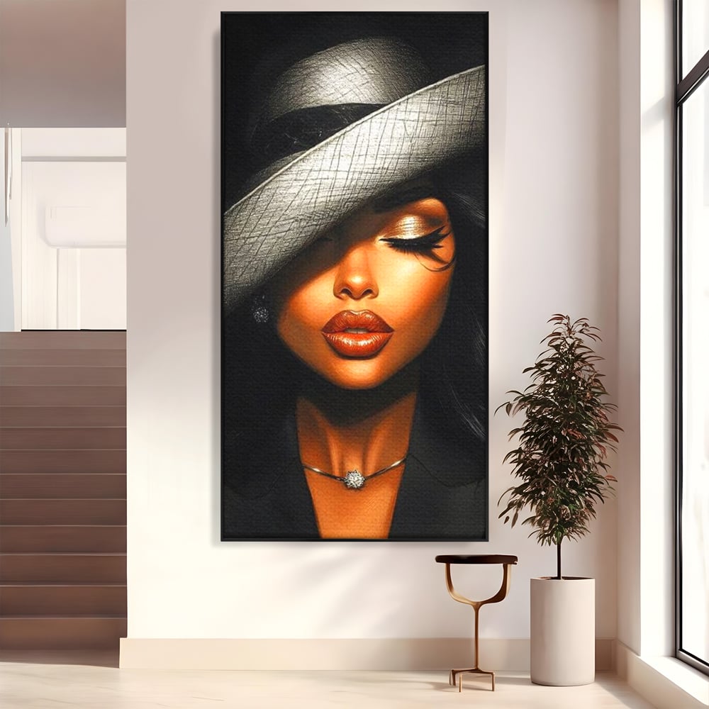Tablou Canvas Premium, LuxCanva® G1181, Doamna cu Palarie de Argint, Lemn, Eleganta, Glamour, Enigmatica, Noblete, Editorial, Tacere, Arta, Fashion, Sarm, Icon, Chip, Birou, Living, Dormitor