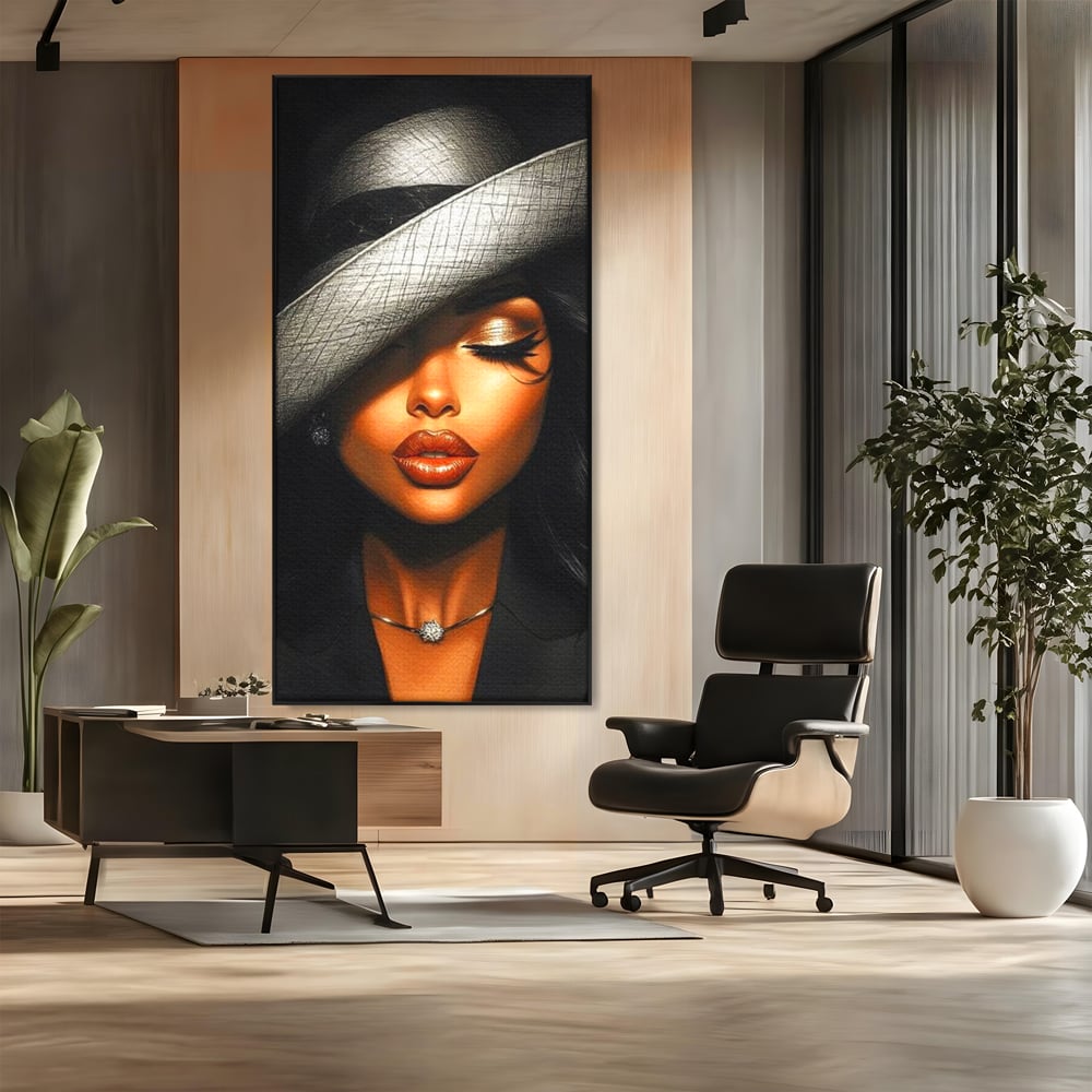 Tablou Canvas Premium, LuxCanva® G1181, Doamna cu Palarie de Argint, Lemn, Eleganta, Glamour, Enigmatica, Noblete, Editorial, Tacere, Arta, Fashion, Sarm, Icon, Chip, Birou, Living, Dormitor