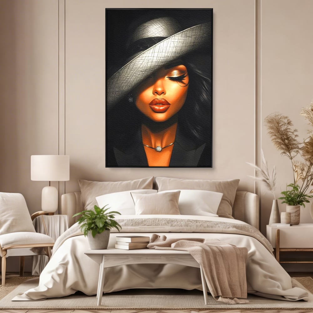 Tablou Canvas Premium, LuxCanva® G1181, Doamna cu Palarie de Argint, Lemn, Eleganta, Glamour, Enigmatica, Noblete, Editorial, Tacere, Arta, Fashion, Sarm, Icon, Chip, Birou, Living, Dormitor