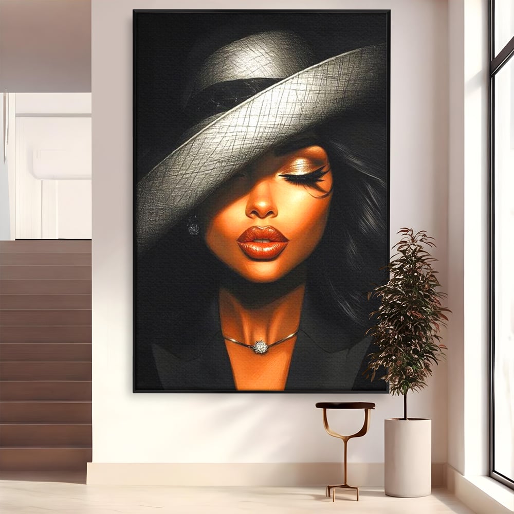 Tablou Canvas Premium, LuxCanva® G1181, Doamna cu Palarie de Argint, Lemn, Eleganta, Glamour, Enigmatica, Noblete, Editorial, Tacere, Arta, Fashion, Sarm, Icon, Chip, Birou, Living, Dormitor