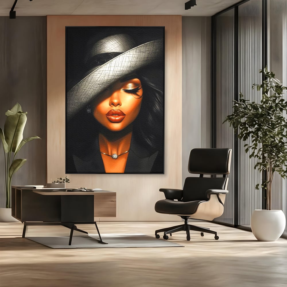 Tablou Canvas Premium, LuxCanva® G1181, Doamna cu Palarie de Argint, Lemn, Eleganta, Glamour, Enigmatica, Noblete, Editorial, Tacere, Arta, Fashion, Sarm, Icon, Chip, Birou, Living, Dormitor