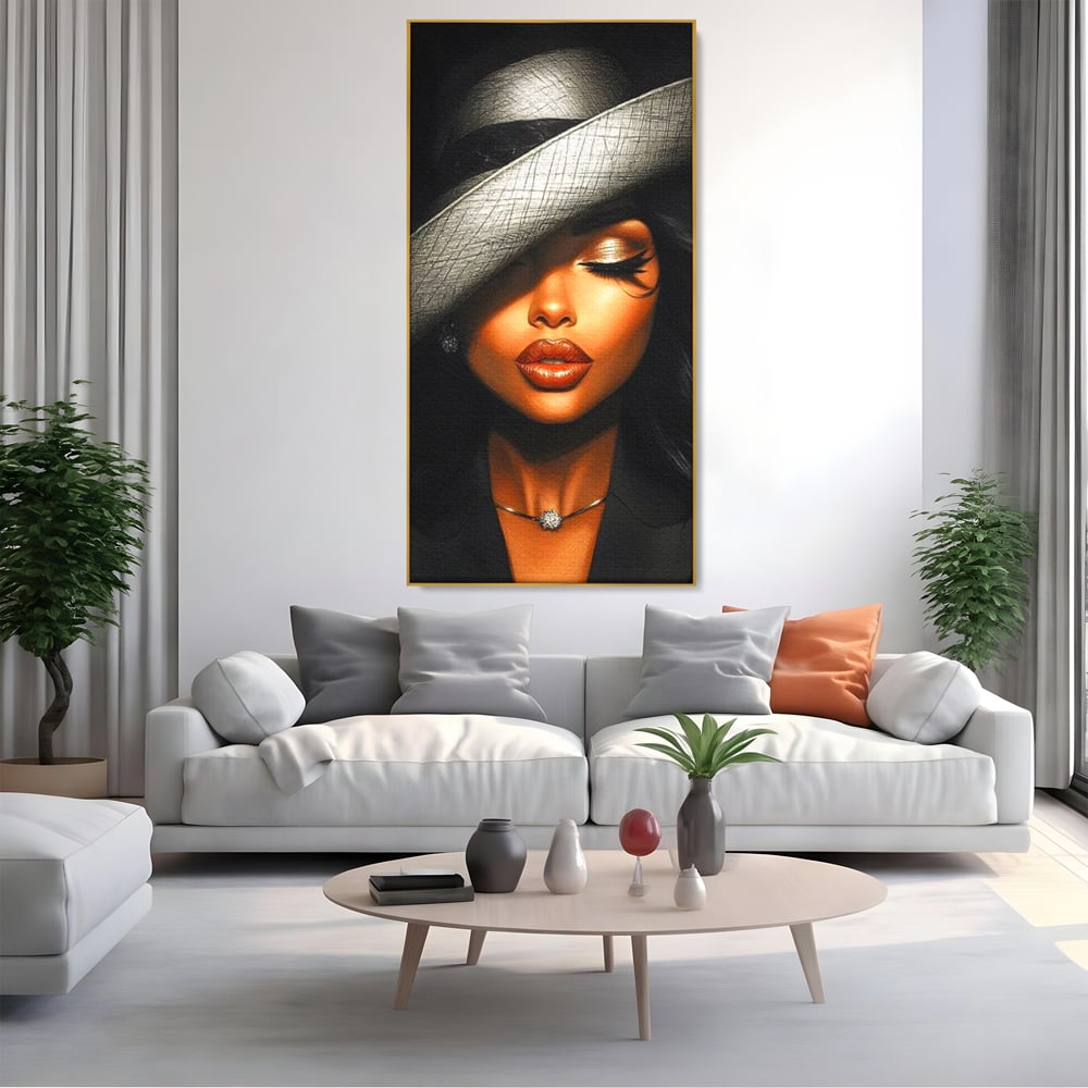 Tablou Canvas Premium, LuxCanva® G1181, Doamna cu Palarie de Argint, Lemn, Eleganta, Glamour, Enigmatica, Noblete, Editorial, Tacere, Arta, Fashion, Sarm, Icon, Chip, Birou, Living, Dormitor