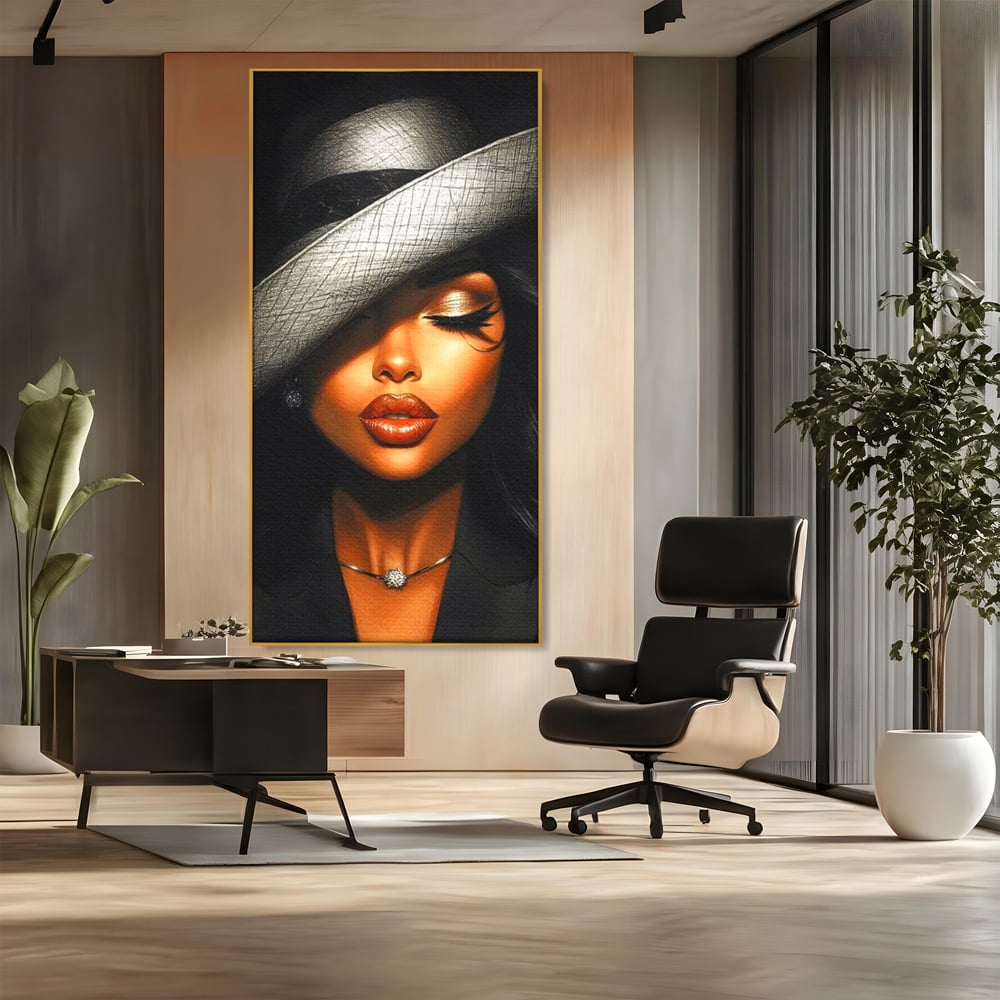 Tablou Canvas Premium, LuxCanva® G1181, Doamna cu Palarie de Argint, Lemn, Eleganta, Glamour, Enigmatica, Noblete, Editorial, Tacere, Arta, Fashion, Sarm, Icon, Chip, Birou, Living, Dormitor