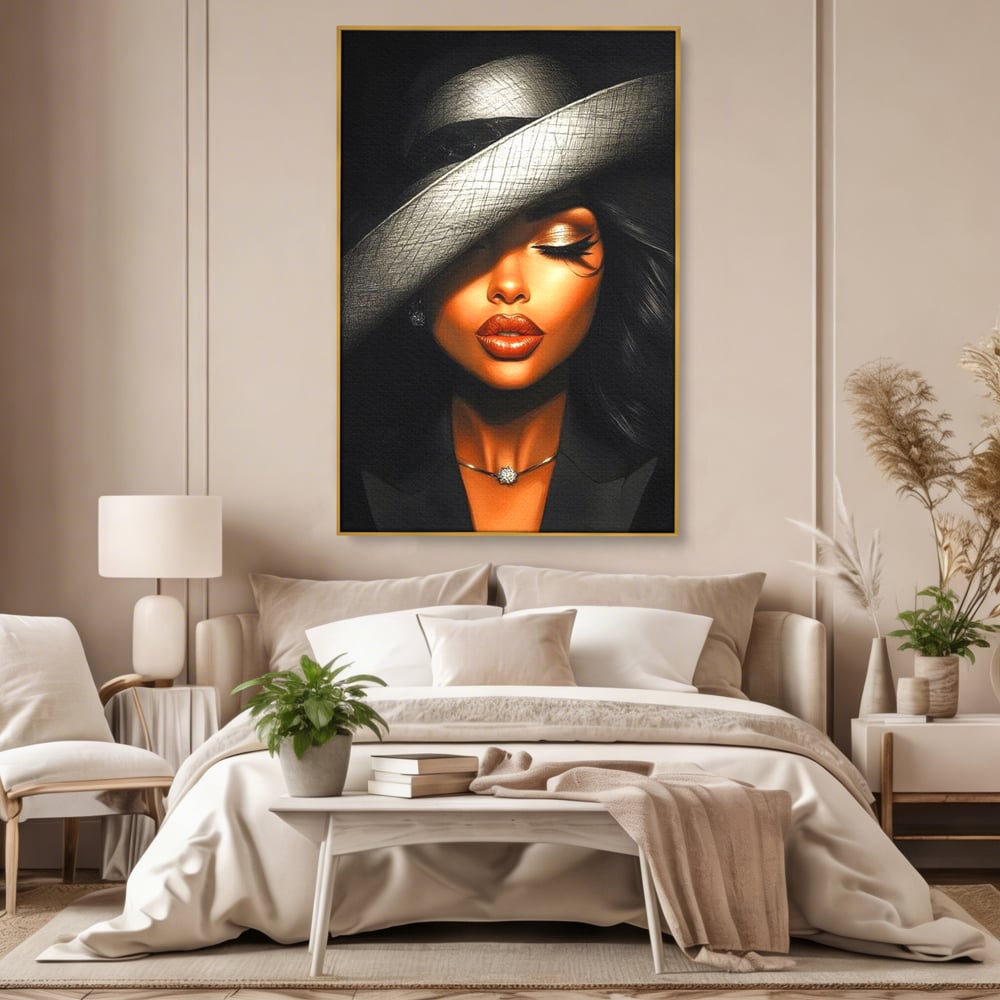 Tablou Canvas Premium, LuxCanva® G1181, Doamna cu Palarie de Argint, Lemn, Eleganta, Glamour, Enigmatica, Noblete, Editorial, Tacere, Arta, Fashion, Sarm, Icon, Chip, Birou, Living, Dormitor