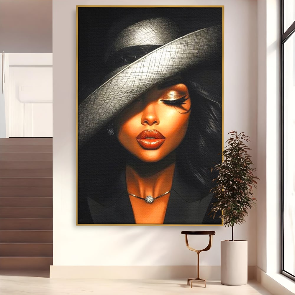 Tablou Canvas Premium, LuxCanva® G1181, Doamna cu Palarie de Argint, Lemn, Eleganta, Glamour, Enigmatica, Noblete, Editorial, Tacere, Arta, Fashion, Sarm, Icon, Chip, Birou, Living, Dormitor