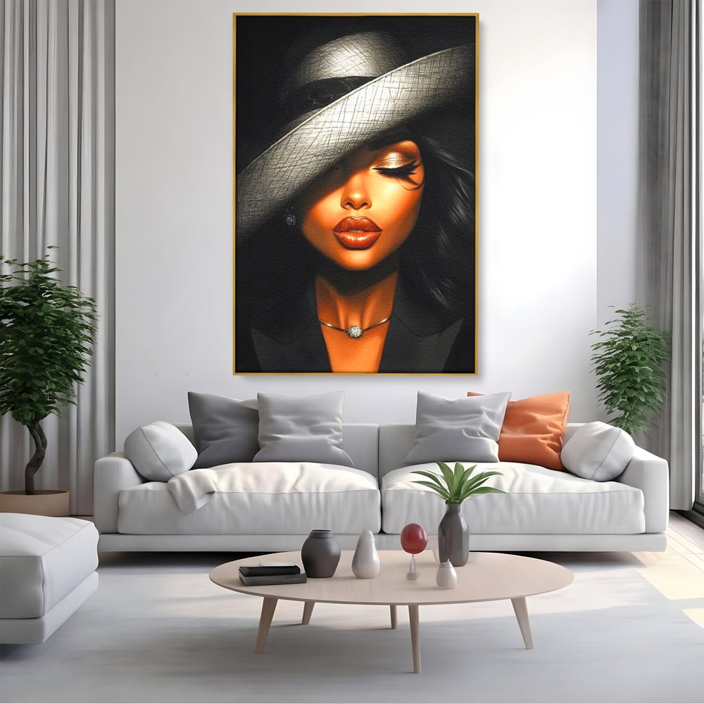Tablou Canvas Premium, LuxCanva® G1181, Doamna cu Palarie de Argint, Lemn, Eleganta, Glamour, Enigmatica, Noblete, Editorial, Tacere, Arta, Fashion, Sarm, Icon, Chip, Birou, Living, Dormitor