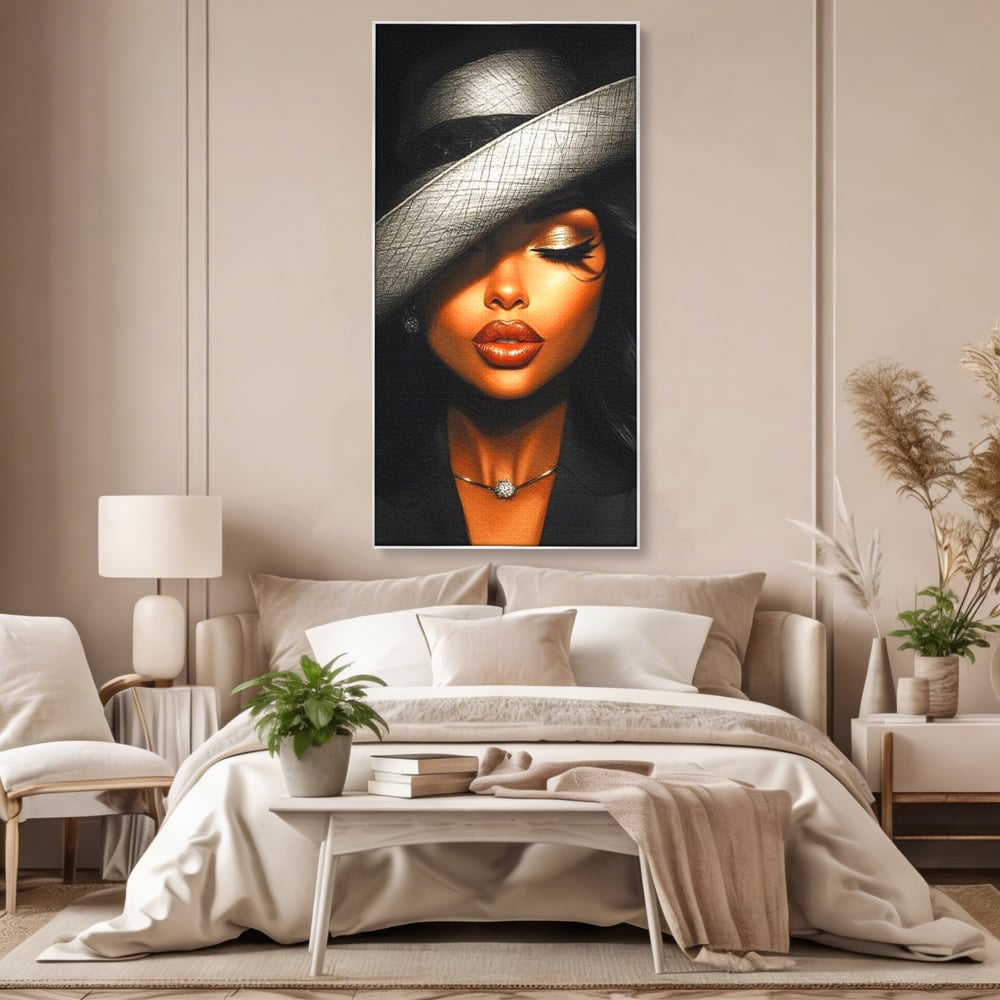 Tablou Canvas Premium, LuxCanva® G1181, Doamna cu Palarie de Argint, Lemn, Eleganta, Glamour, Enigmatica, Noblete, Editorial, Tacere, Arta, Fashion, Sarm, Icon, Chip, Birou, Living, Dormitor