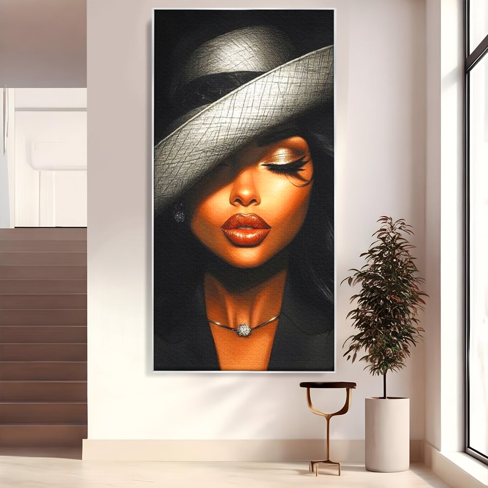 Tablou Canvas Premium, LuxCanva® G1181, Doamna cu Palarie de Argint, Lemn, Eleganta, Glamour, Enigmatica, Noblete, Editorial, Tacere, Arta, Fashion, Sarm, Icon, Chip, Birou, Living, Dormitor