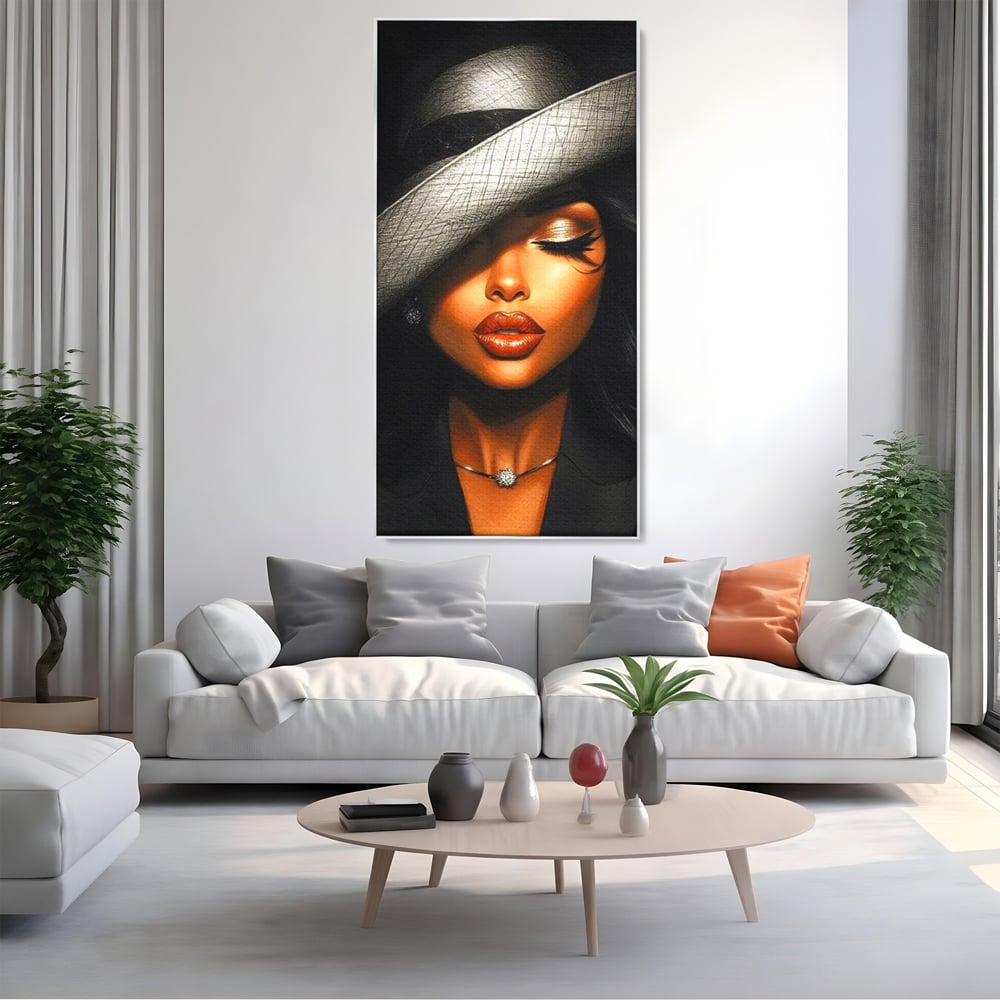 Tablou Canvas Premium, LuxCanva® G1181, Doamna cu Palarie de Argint, Lemn, Eleganta, Glamour, Enigmatica, Noblete, Editorial, Tacere, Arta, Fashion, Sarm, Icon, Chip, Birou, Living, Dormitor