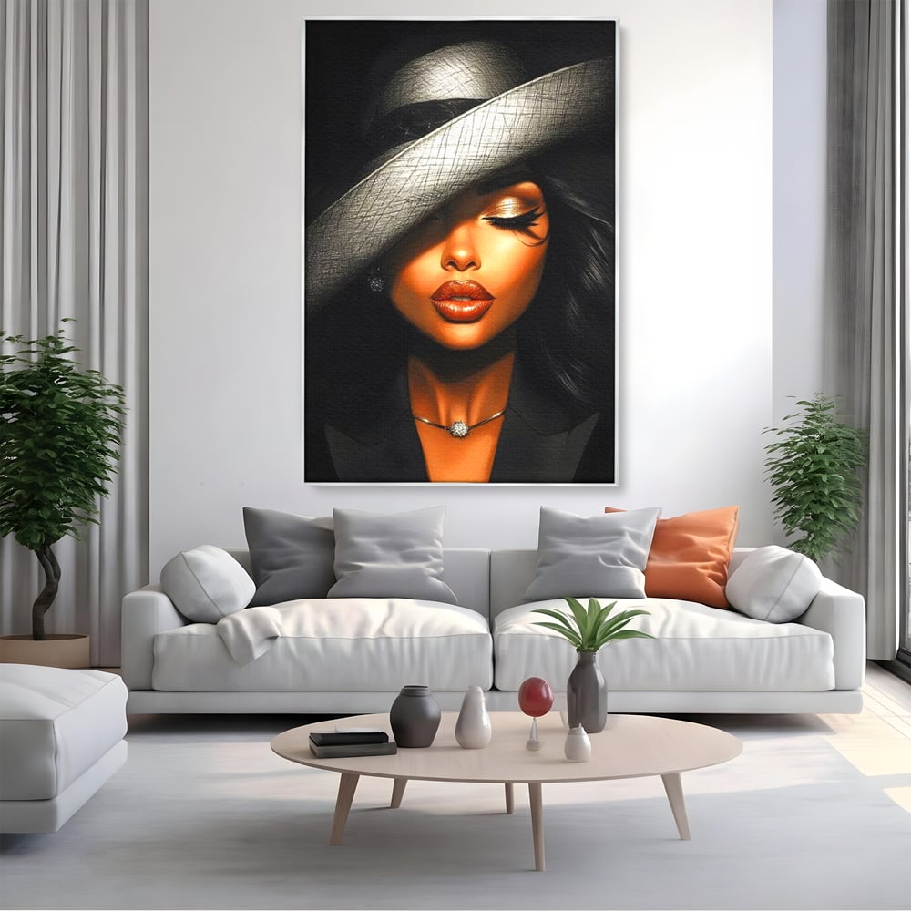 Tablou Canvas Premium, LuxCanva® G1181, Doamna cu Palarie de Argint, Lemn, Eleganta, Glamour, Enigmatica, Noblete, Editorial, Tacere, Arta, Fashion, Sarm, Icon, Chip, Birou, Living, Dormitor