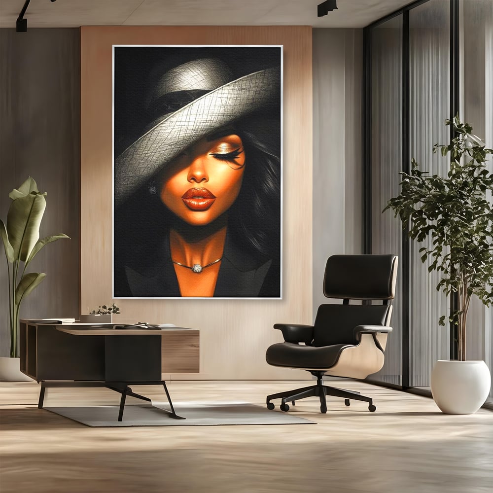 Tablou Canvas Premium, LuxCanva® G1181, Doamna cu Palarie de Argint, Lemn, Eleganta, Glamour, Enigmatica, Noblete, Editorial, Tacere, Arta, Fashion, Sarm, Icon, Chip, Birou, Living, Dormitor