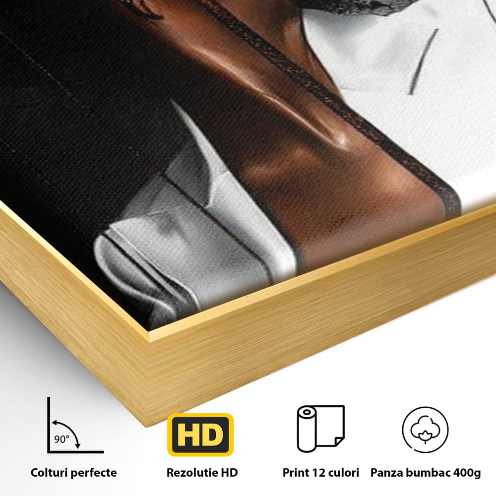 Tablou Canvas Premium, LuxCanva® G1182, Forta Feminitatii, Alb, Negru, Stil, Eleganta, Armonie, Lux, Urban, Auriu, Blazer, Par, Portret, Dinamism, Fashion, Birou, Living, Dormitor