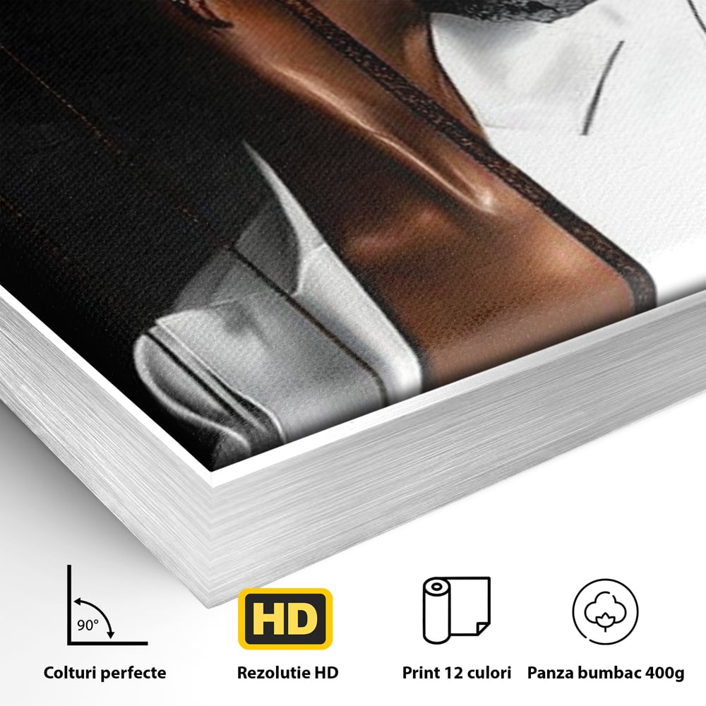 Tablou Canvas Premium, LuxCanva® G1182, Forta Feminitatii, Alb, Negru, Stil, Eleganta, Armonie, Lux, Urban, Auriu, Blazer, Par, Portret, Dinamism, Fashion, Birou, Living, Dormitor
