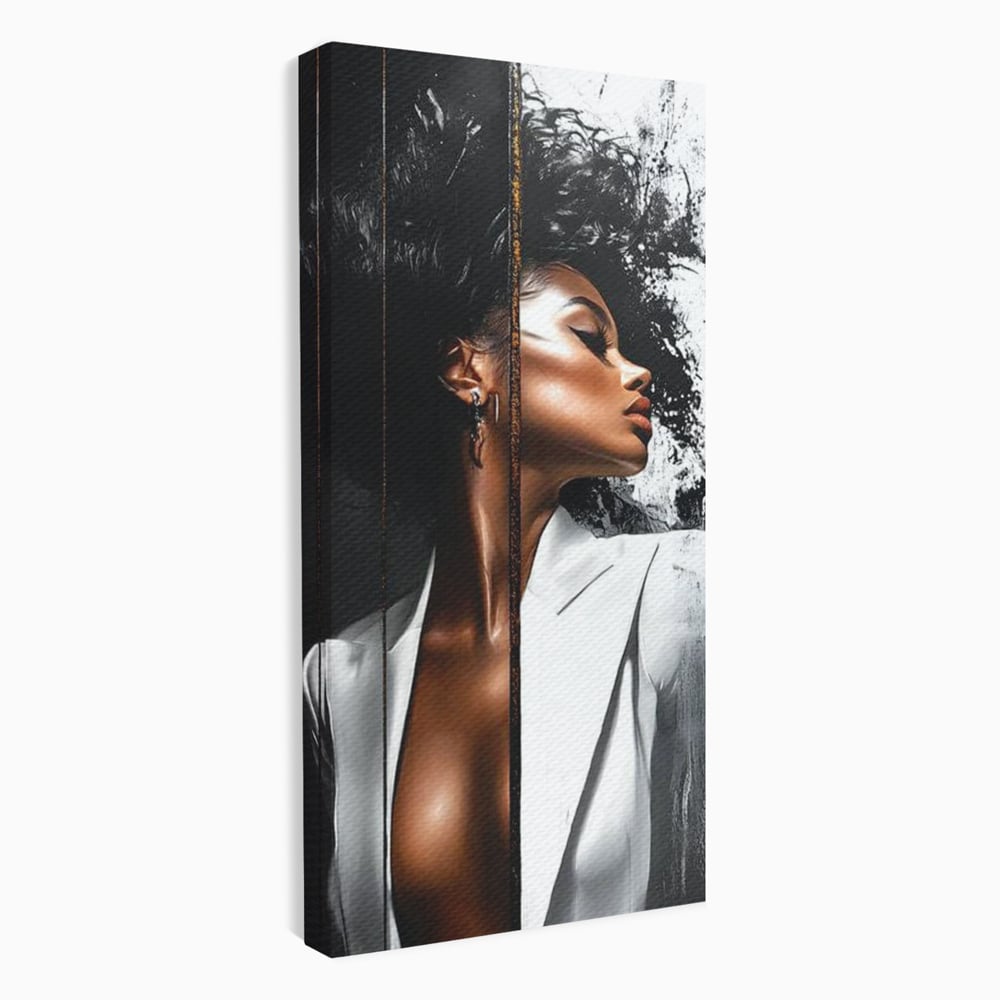 Tablou Canvas Premium, LuxCanva® G1182, Forta Feminitatii, Alb, Negru, Stil, Eleganta, Armonie, Lux, Urban, Auriu, Blazer, Par, Portret, Dinamism, Fashion, Birou, Living, Dormitor