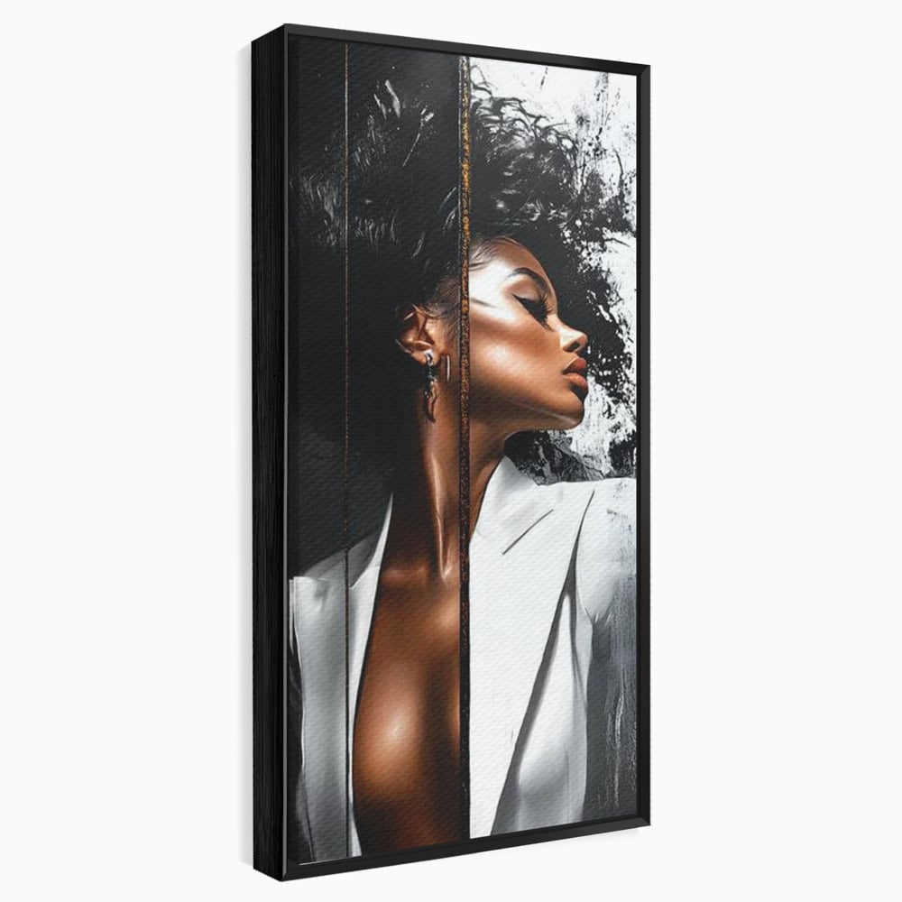 Tablou Canvas Premium, LuxCanva® G1182, Forta Feminitatii, Alb, Negru, Stil, Eleganta, Armonie, Lux, Urban, Auriu, Blazer, Par, Portret, Dinamism, Fashion, Birou, Living, Dormitor