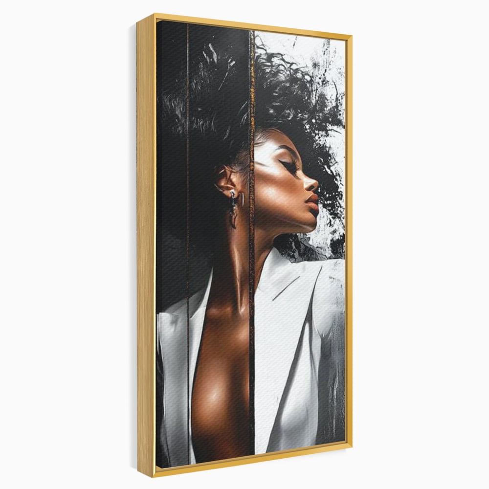 Tablou Canvas Premium, LuxCanva® G1182, Forta Feminitatii, Alb, Negru, Stil, Eleganta, Armonie, Lux, Urban, Auriu, Blazer, Par, Portret, Dinamism, Fashion, Birou, Living, Dormitor