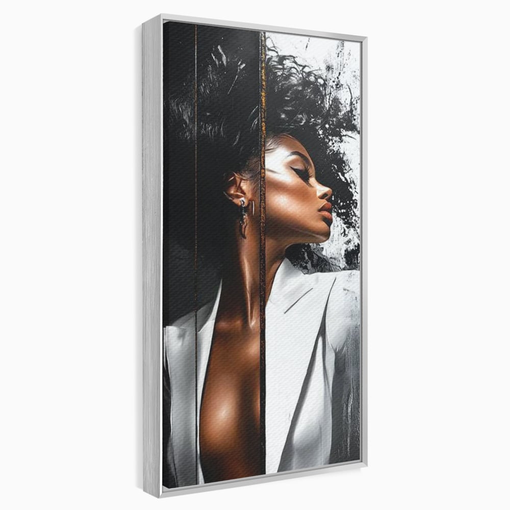 Tablou Canvas Premium, LuxCanva® G1182, Forta Feminitatii, Alb, Negru, Stil, Eleganta, Armonie, Lux, Urban, Auriu, Blazer, Par, Portret, Dinamism, Fashion, Birou, Living, Dormitor
