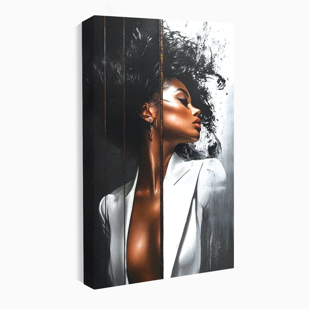 Tablou Canvas Premium, LuxCanva® G1182, Forta Feminitatii, Alb, Negru, Stil, Eleganta, Armonie, Lux, Urban, Auriu, Blazer, Par, Portret, Dinamism, Fashion, Birou, Living, Dormitor
