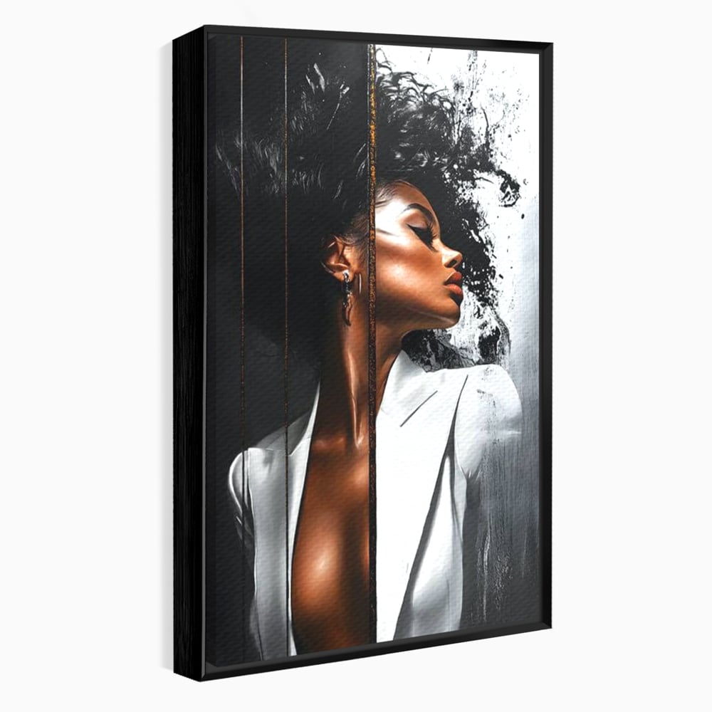 Tablou Canvas Premium, LuxCanva® G1182, Forta Feminitatii, Alb, Negru, Stil, Eleganta, Armonie, Lux, Urban, Auriu, Blazer, Par, Portret, Dinamism, Fashion, Birou, Living, Dormitor