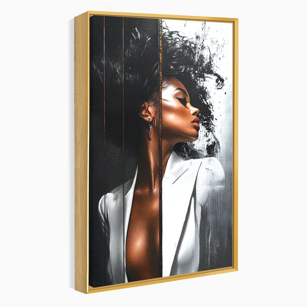 Tablou Canvas Premium, LuxCanva® G1182, Forta Feminitatii, Alb, Negru, Stil, Eleganta, Armonie, Lux, Urban, Auriu, Blazer, Par, Portret, Dinamism, Fashion, Birou, Living, Dormitor