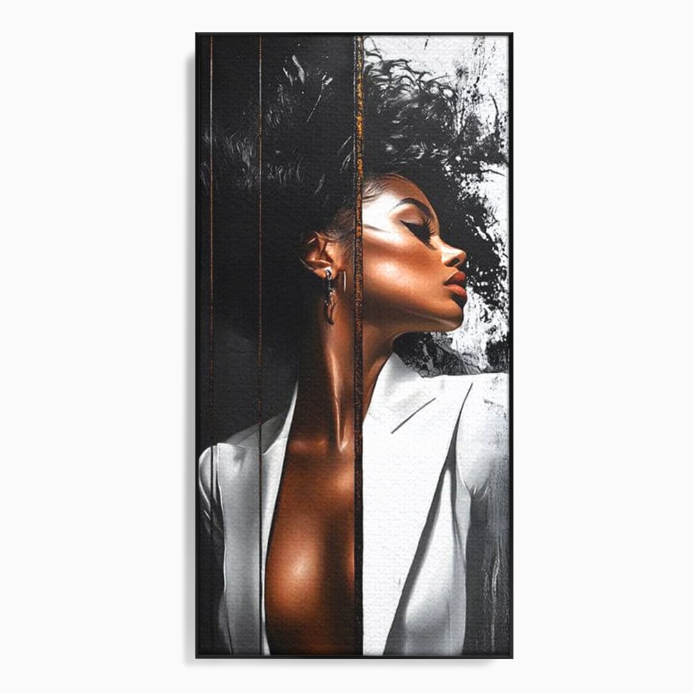 Tablou Canvas Premium, LuxCanva® G1182, Forta Feminitatii, Alb, Negru, Stil, Eleganta, Armonie, Lux, Urban, Auriu, Blazer, Par, Portret, Dinamism, Fashion, Birou, Living, Dormitor