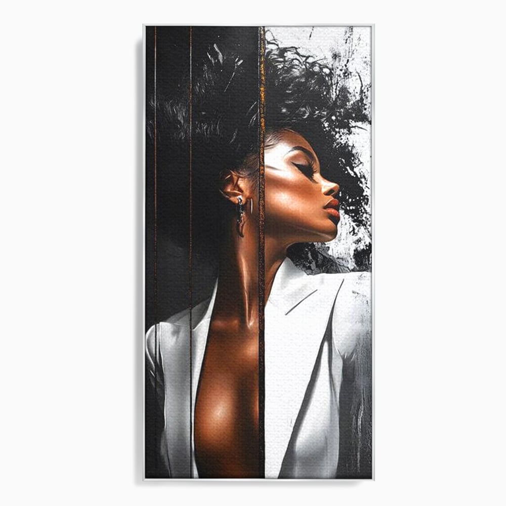 Tablou Canvas Premium, LuxCanva® G1182, Forta Feminitatii, Alb, Negru, Stil, Eleganta, Armonie, Lux, Urban, Auriu, Blazer, Par, Portret, Dinamism, Fashion, Birou, Living, Dormitor