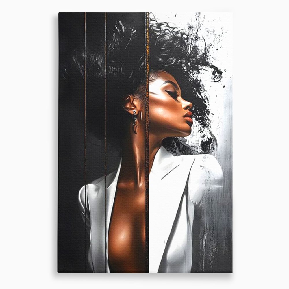 Tablou Canvas Premium, LuxCanva® G1182, Forta Feminitatii, Alb, Negru, Stil, Eleganta, Armonie, Lux, Urban, Auriu, Blazer, Par, Portret, Dinamism, Fashion, Birou, Living, Dormitor
