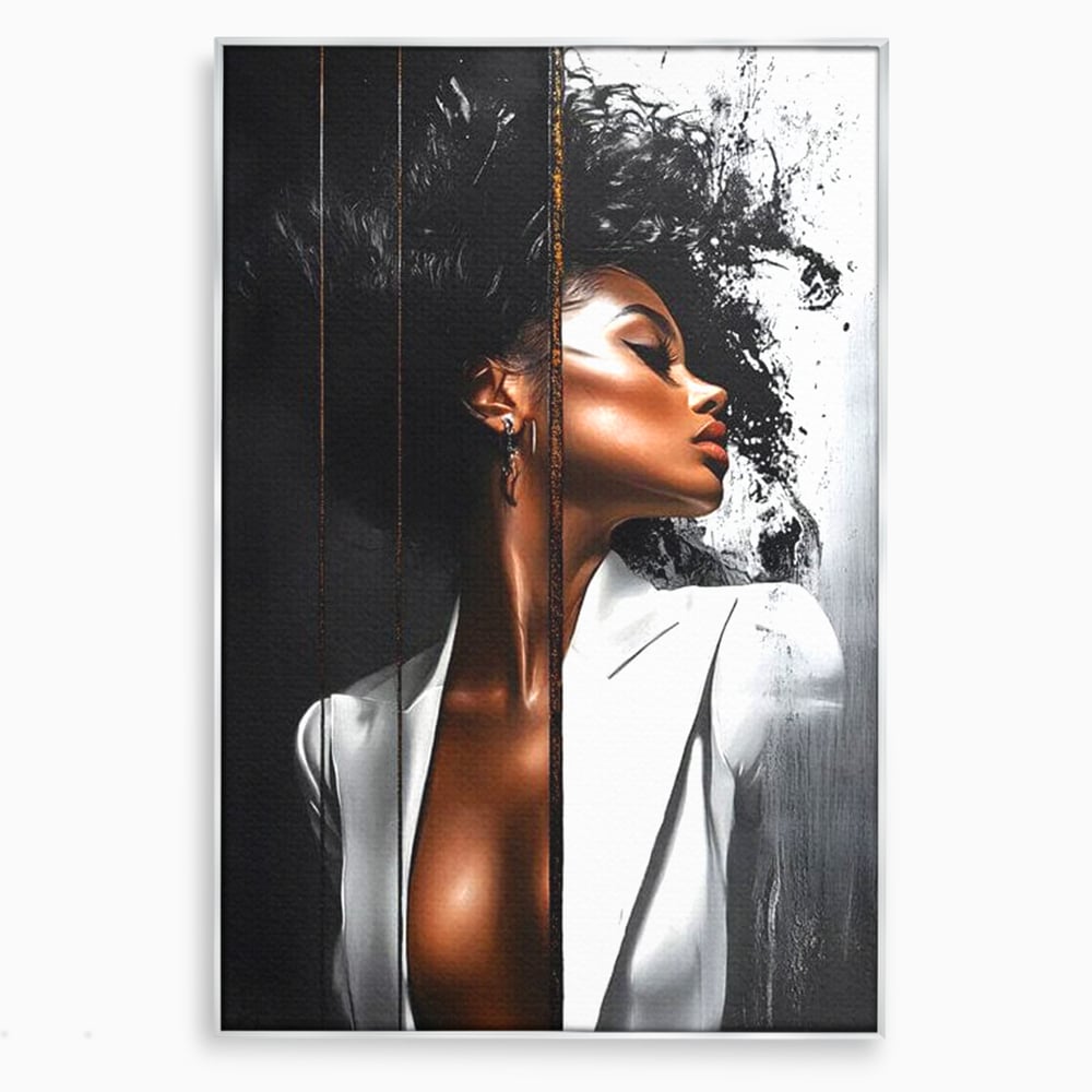 Tablou Canvas Premium, LuxCanva® G1182, Forta Feminitatii, Alb, Negru, Stil, Eleganta, Armonie, Lux, Urban, Auriu, Blazer, Par, Portret, Dinamism, Fashion, Birou, Living, Dormitor
